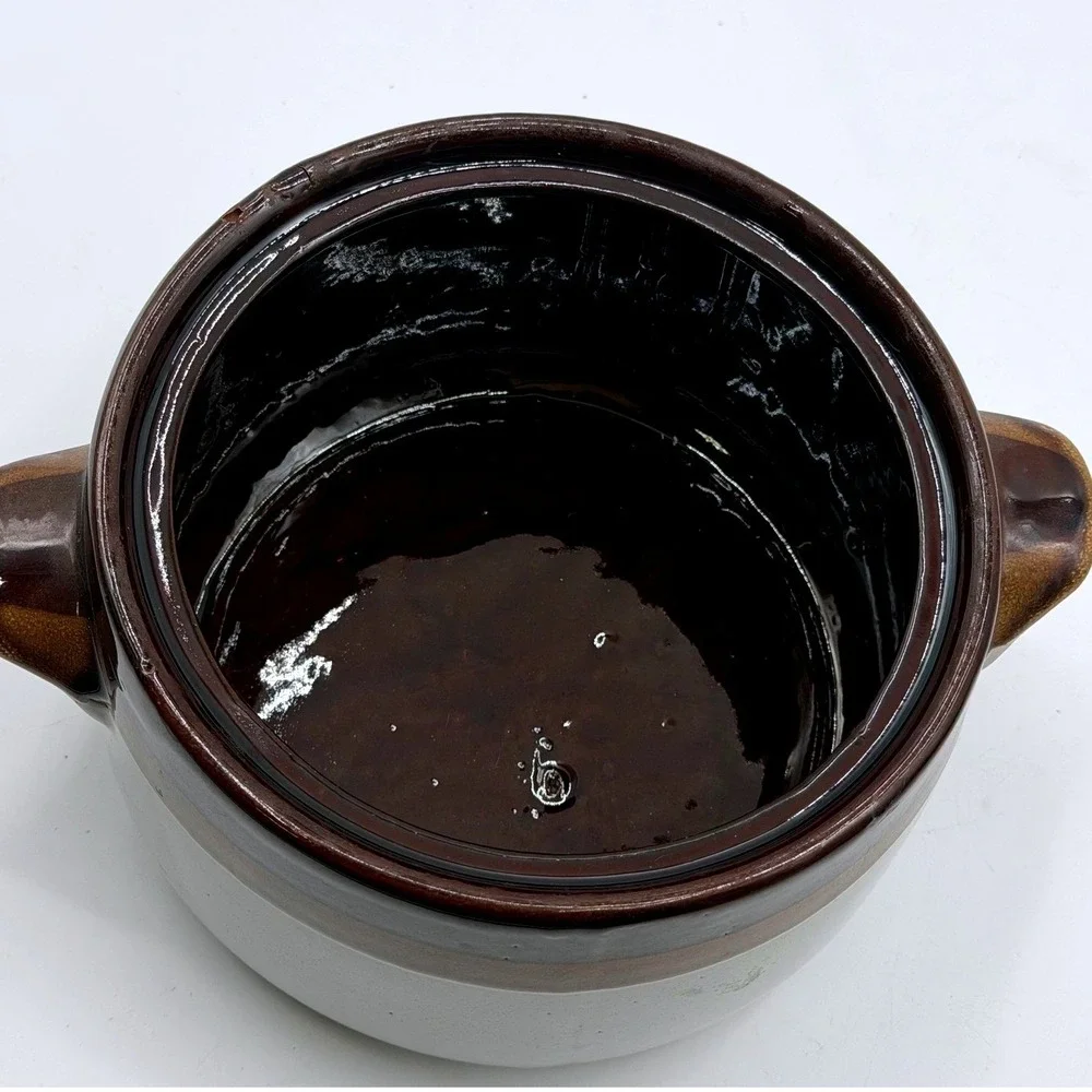 Vintage Two Tone Stoneware Bean Pot Brown Gray Glazed Ceramic Crock with Handles